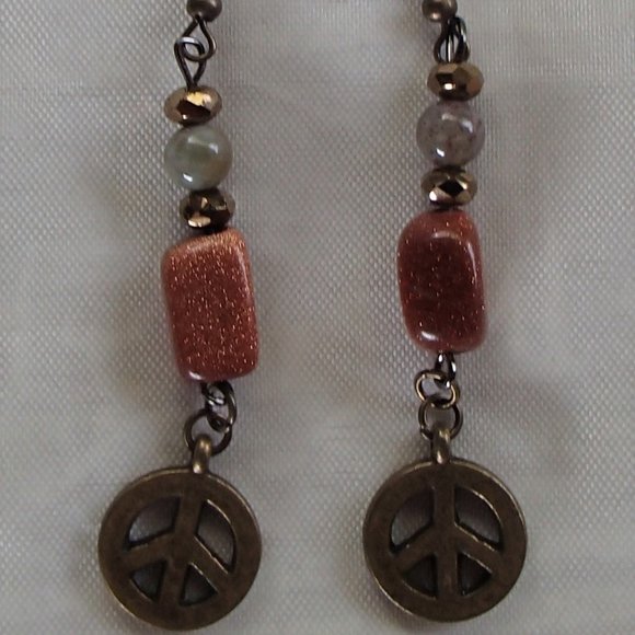 Speckled Goldstone Labradorite Gemstone Earrings Rondelle Spacers Brass Peace - Picture 3 of 13